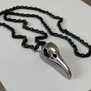 Sterling Silver Bird Skull Pendant Necklace Black coated 28' Chain